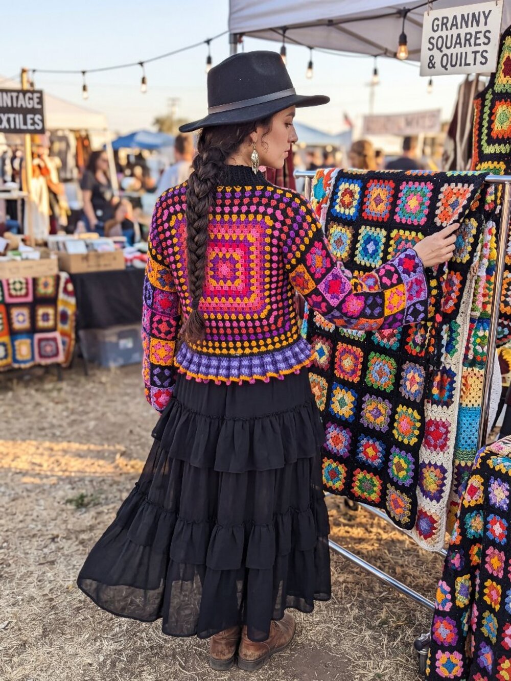 BoHo Vibrant Multicoloured Crochet Turtleneck Granny Square Ruffled Sweater M/L